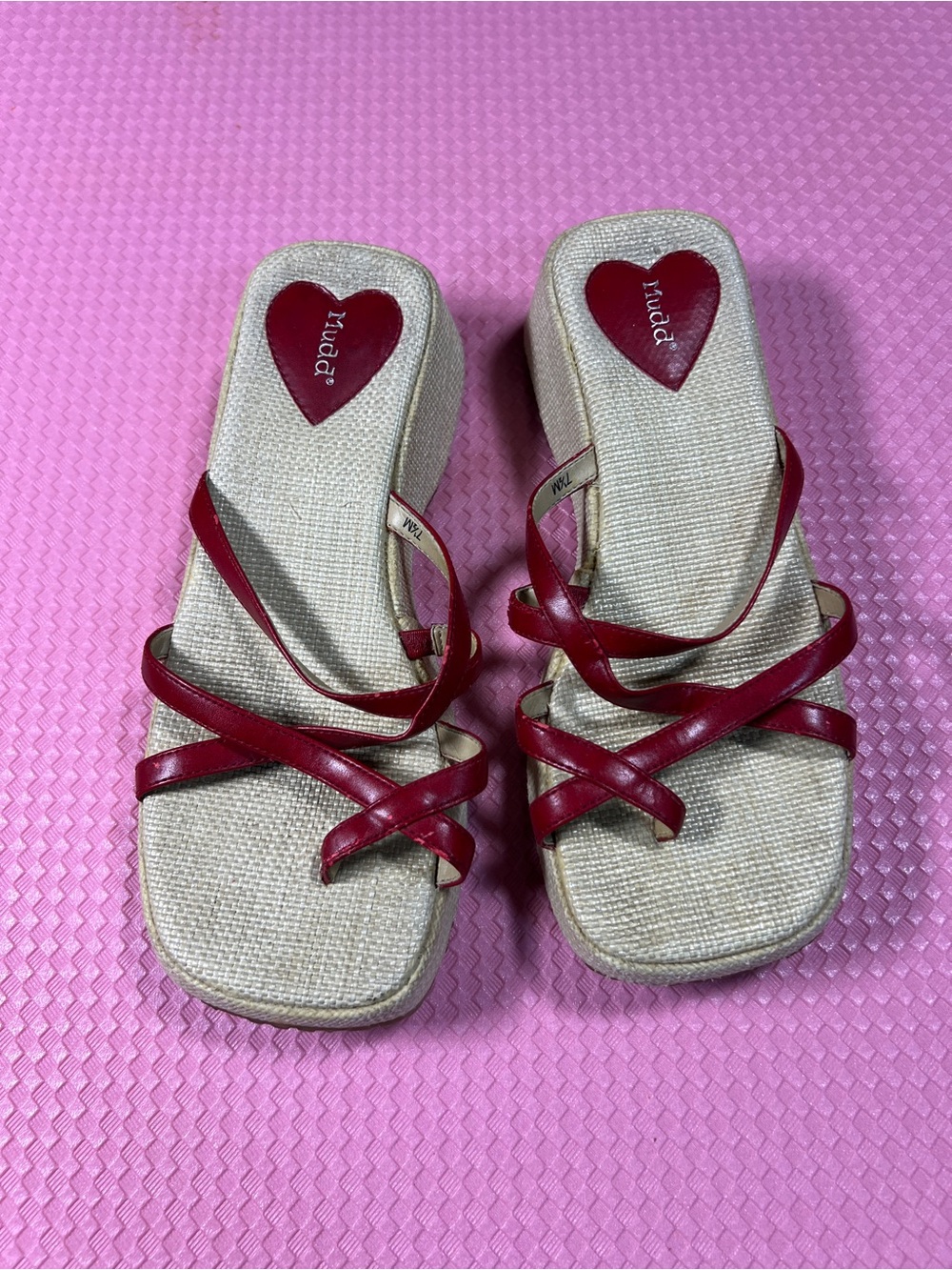 Y2K Mudd red and beige strappy platform wedge sandals 7.5